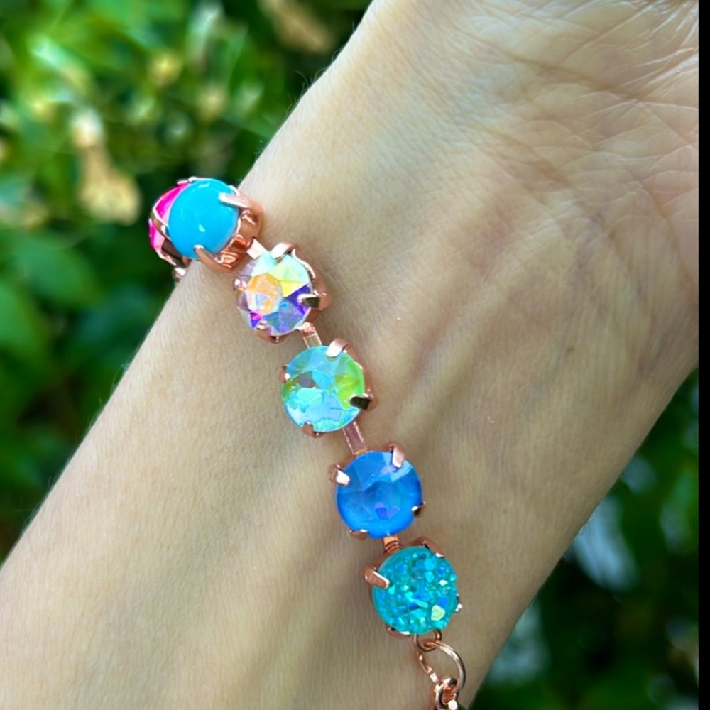Sapphire Aurora Borealis + Fuchsia Hot Pink “Lillie” Crystal Tennis Bracelet - Picture 3 of 14